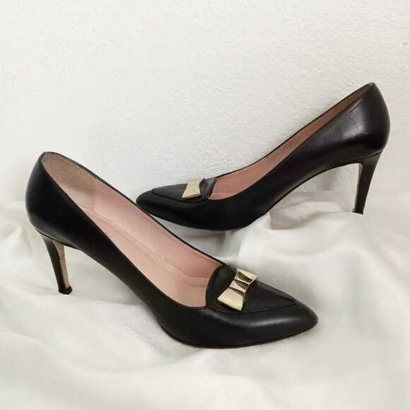 Kate Spade Gold Bow Black Leather Pumps High Heels Pointed Toe Embellished - Picture 10 of 10
